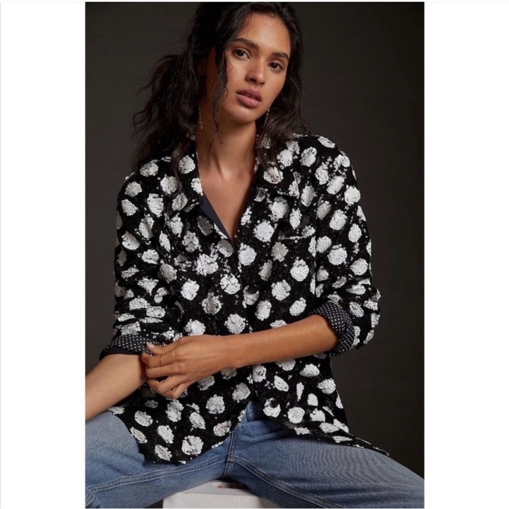 Anthropologie Maeve Black White Polka Dot Sequined Shirt Jacket